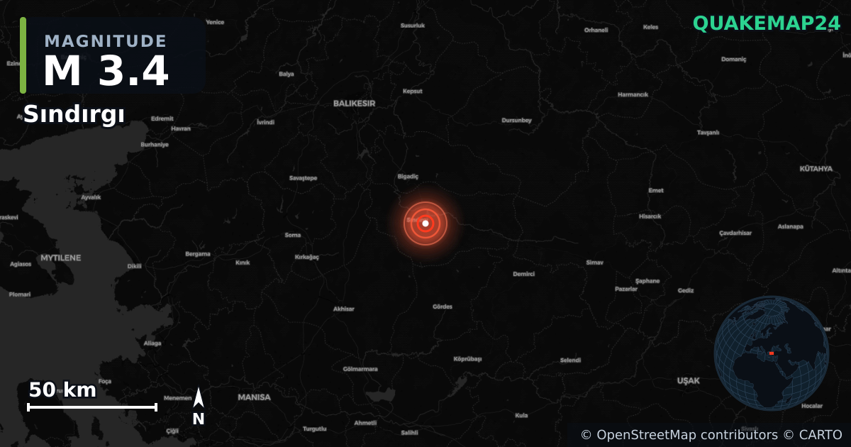 M3.4 earthquake near Sındırgı on Aug 23, 2025 — map of epicenter and shaking intensity | QuakeMap24
