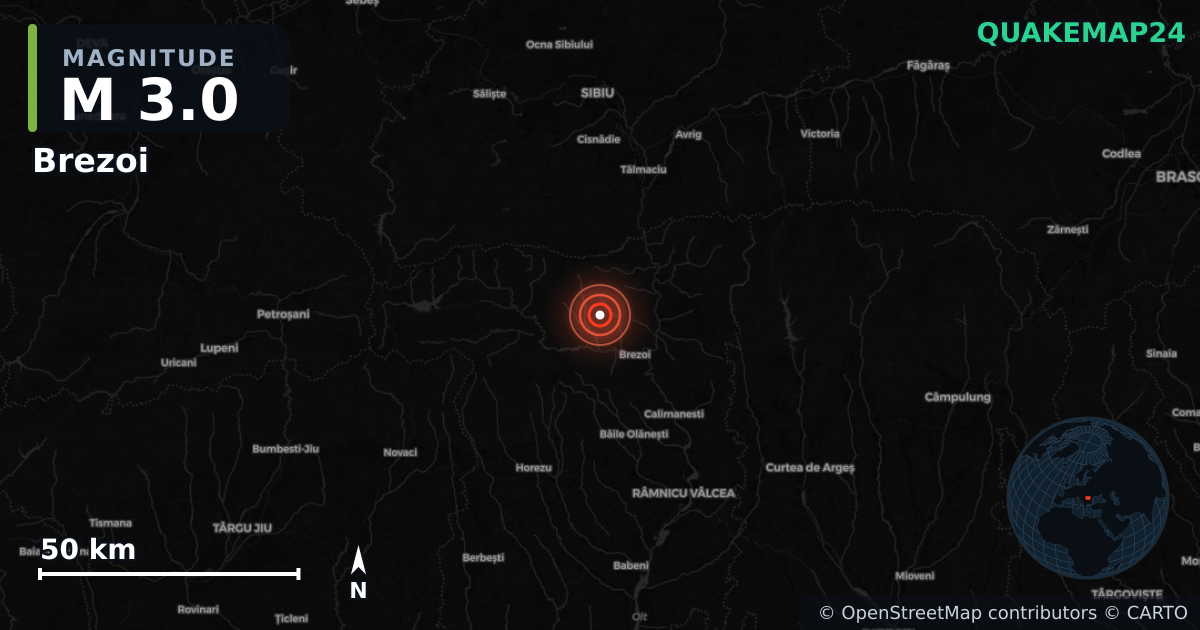 M3.0 earthquake near Brezoi on Oct 18, 2025 — map of epicenter and shaking intensity | QuakeMap24