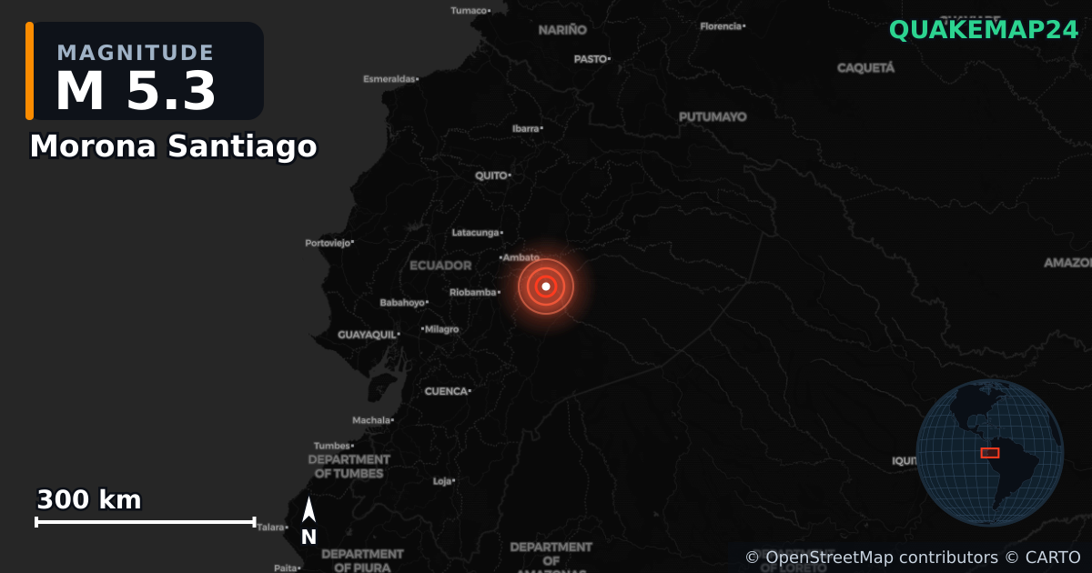 M5.3 earthquake near Morona Santiago on Sep 3, 2025 — map of epicenter and shaking intensity | QuakeMap24