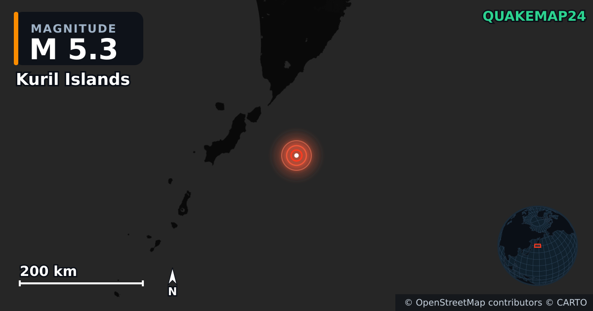 M5.3 earthquake near Kuril Islands on Aug 6, 2025 — map of epicenter and shaking intensity | QuakeMap24