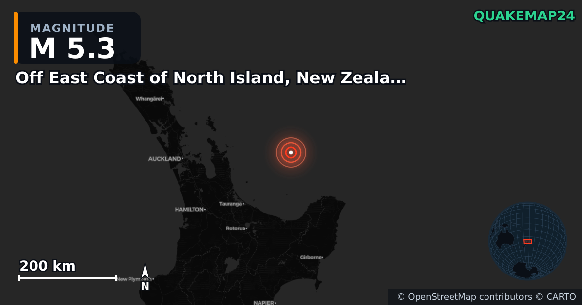 M5.3 earthquake near Off East Coast of North Island, New Zealand on May 5, 2026 — map of epicenter and shaking intensity | QuakeMap24