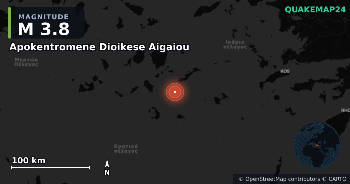 M3.8 earthquake near Apokentromene Dioikese Aigaiou on May 17, 2025 — map of epicenter and shaking intensity | QuakeMap24