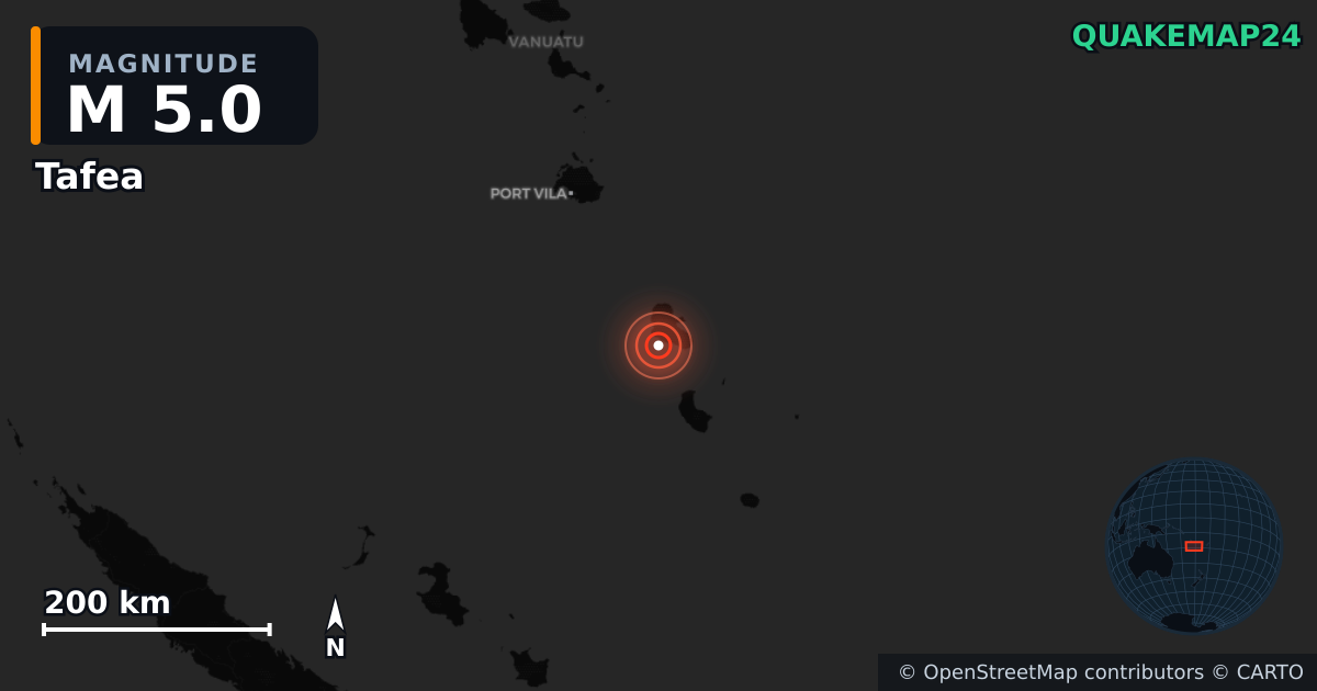M5.0 earthquake near Tafea on Jun 11, 2026 — map of epicenter and shaking intensity | QuakeMap24