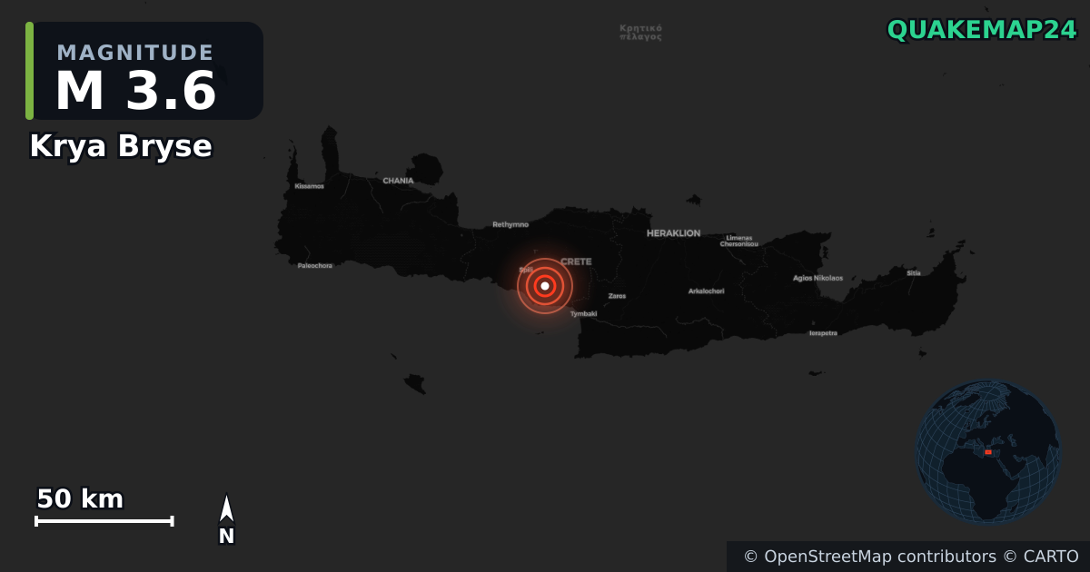 M3.6 earthquake near Krya Bryse on May 20, 2026 — map of epicenter and shaking intensity | QuakeMap24