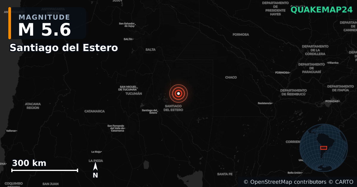 M5.6 earthquake near Santiago del Estero on Oct 2, 2025 — map of epicenter and shaking intensity | QuakeMap24