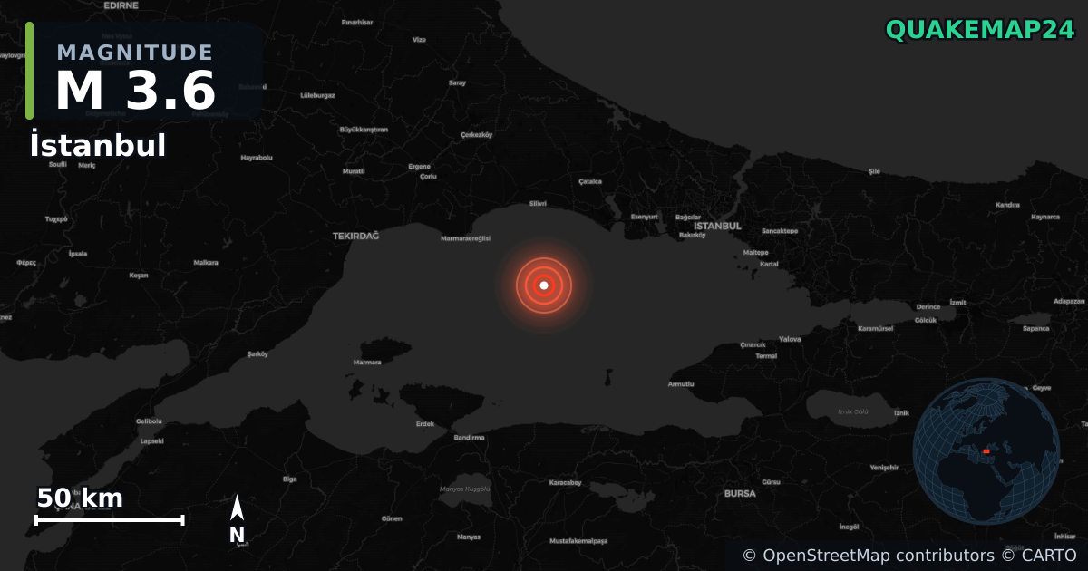 M3.6 earthquake near İstanbul on Oct 9, 2025 — map of epicenter and shaking intensity | QuakeMap24