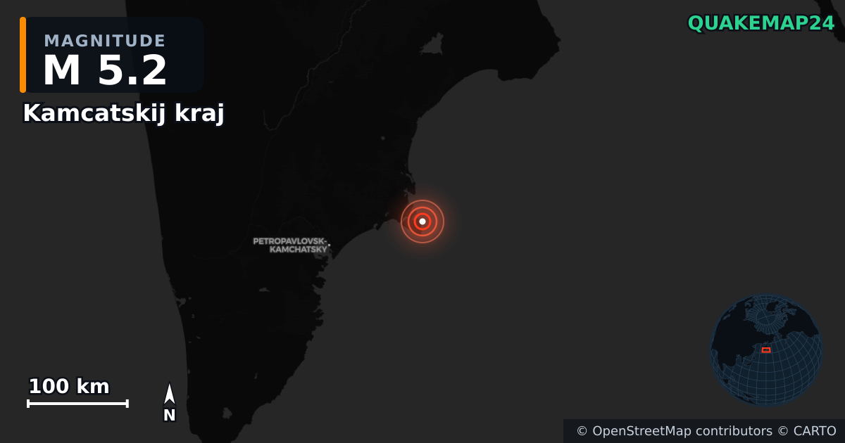 M5.2 earthquake near Kamcatskij kraj on Sep 15, 2025 — map of epicenter and shaking intensity | QuakeMap24