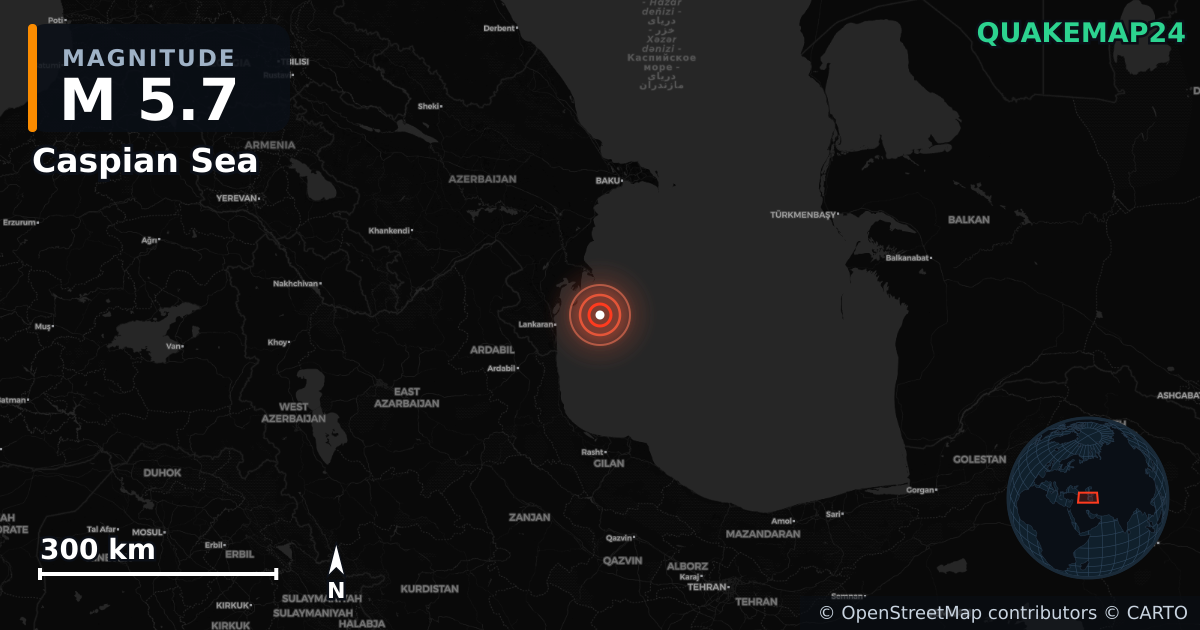 M5.7 earthquake near Caspian Sea on Apr 8, 2026 — map of epicenter and shaking intensity | QuakeMap24