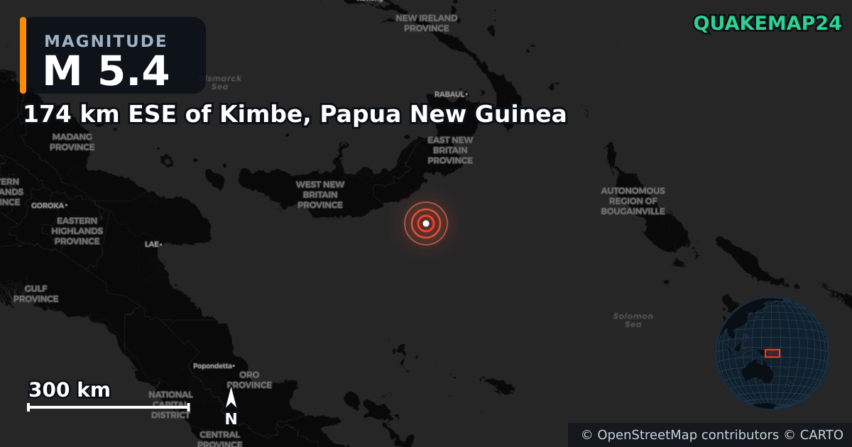 M5.4 earthquake near 174 km ESE of Kimbe, Papua New Guinea on Apr 5, 2025 — map of epicenter and shaking intensity | QuakeMap24
