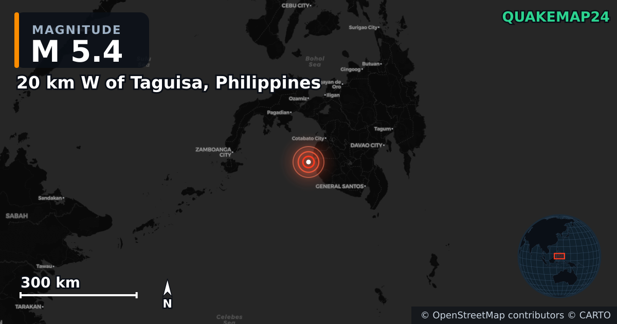 M5.4 earthquake near 20 km W of Taguisa, Philippines on Jan 13, 2025 — map of epicenter and shaking intensity | QuakeMap24