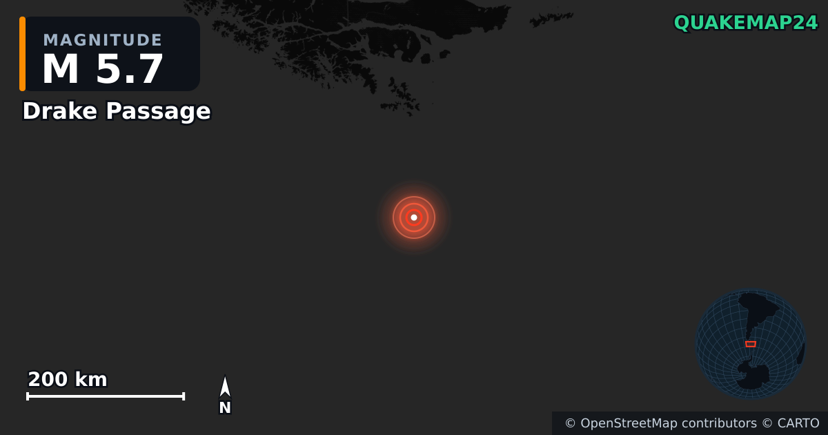 Drake Passage yakınında M5,7 deprem — Deprem merkez üssünün konumunu gösteren harita