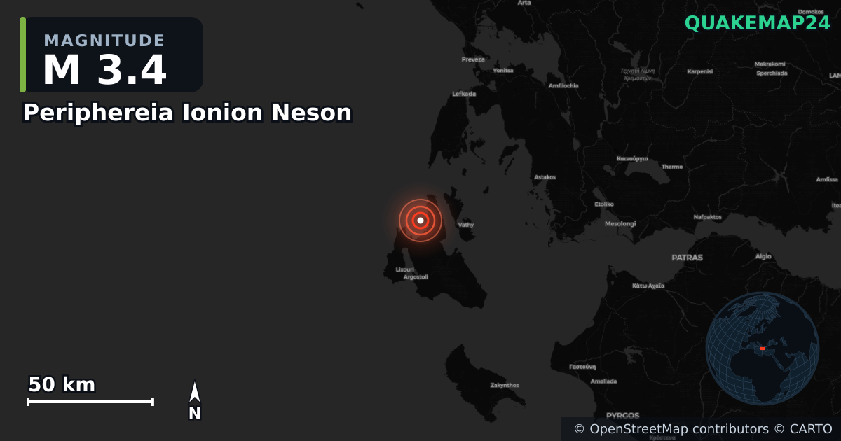 M3.4 earthquake near Periphereia Ionion Neson on Dec 3, 2025 — map of epicenter and shaking intensity | QuakeMap24