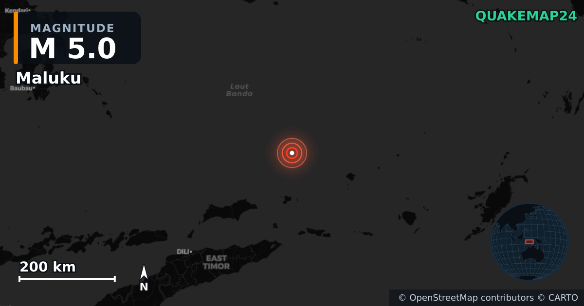 M5.0 earthquake near Maluku on Aug 24, 2026 — map of epicenter and shaking intensity | QuakeMap24