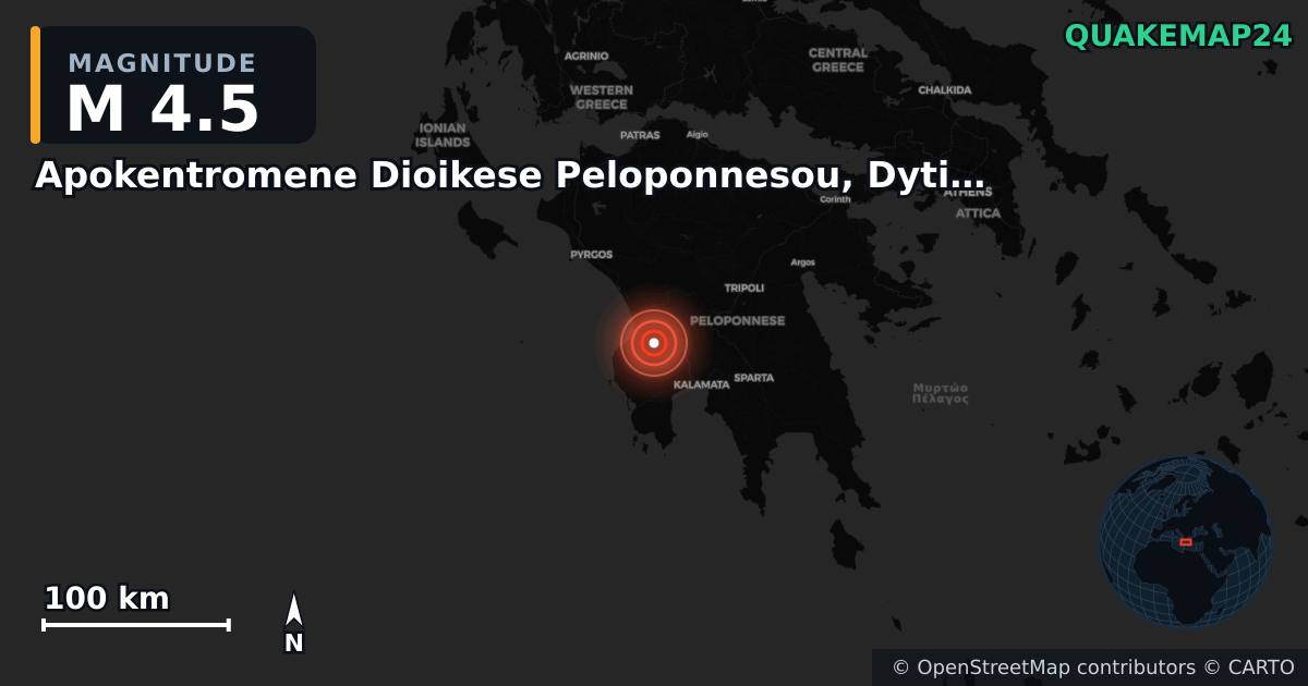 M4.5 earthquake near Apokentromene Dioikese Peloponnesou, Dytikes Elladas kai Ioniou on Aug 7, 2025 — map of epicenter and shaking intensity | QuakeMap24