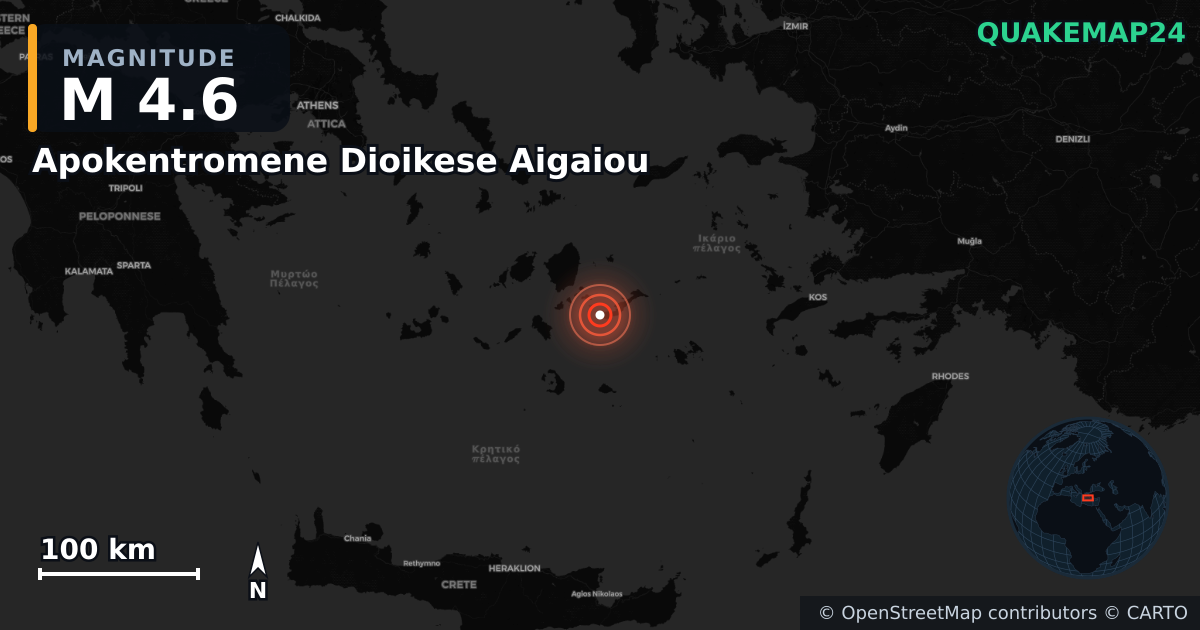 M4.6 earthquake near Apokentromene Dioikese Aigaiou on Jul 9, 2025 — map of epicenter and shaking intensity | QuakeMap24