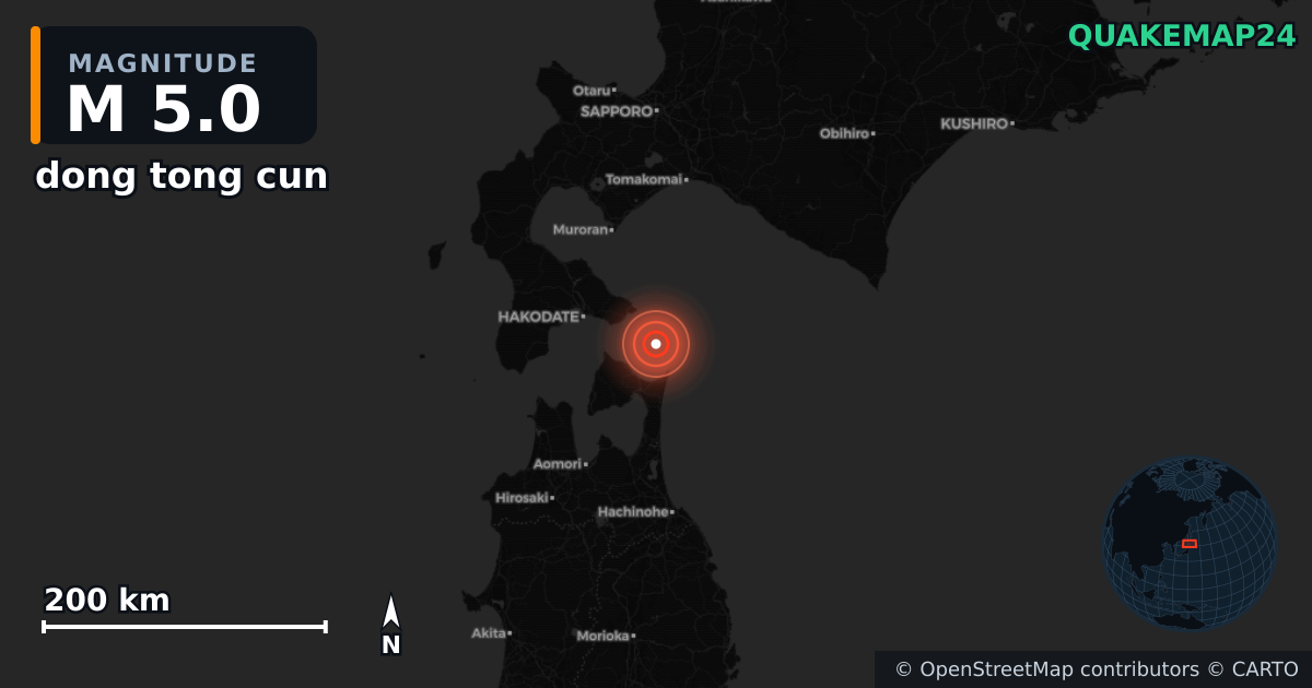 M5.0 earthquake near dong tong cun on Dec 14, 2025 — map of epicenter and shaking intensity | QuakeMap24