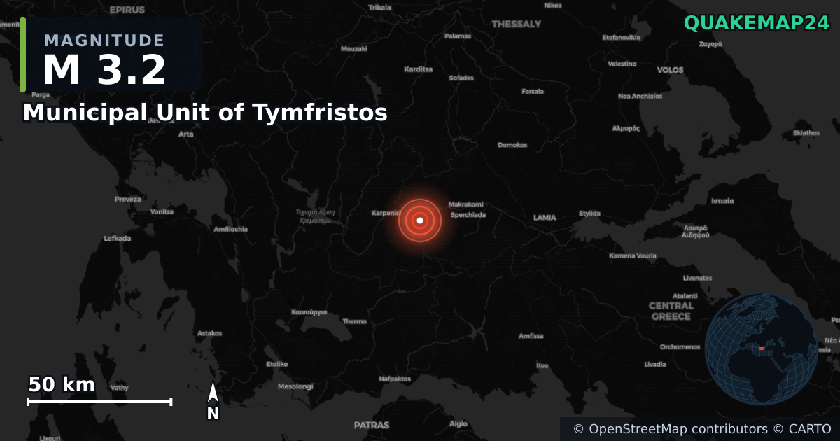 M3.2 earthquake near Municipal Unit of Tymfristos on Jun 1, 2026 — map of epicenter and shaking intensity | QuakeMap24