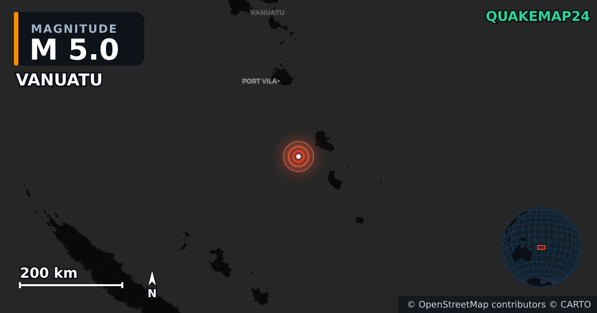 M5.0 earthquake near VANUATU on Jul 3, 2025 — map of epicenter and shaking intensity | QuakeMap24