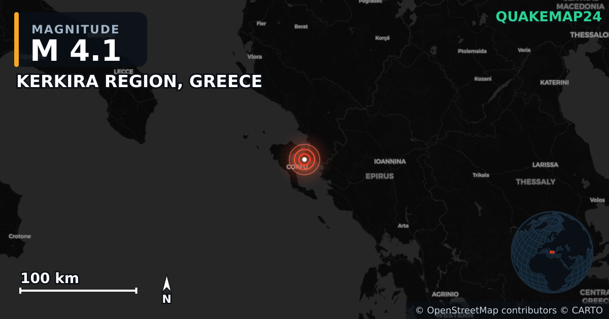 M4.1 earthquake near KERKIRA REGION, GREECE on May 13, 2025 — map of epicenter and shaking intensity | QuakeMap24