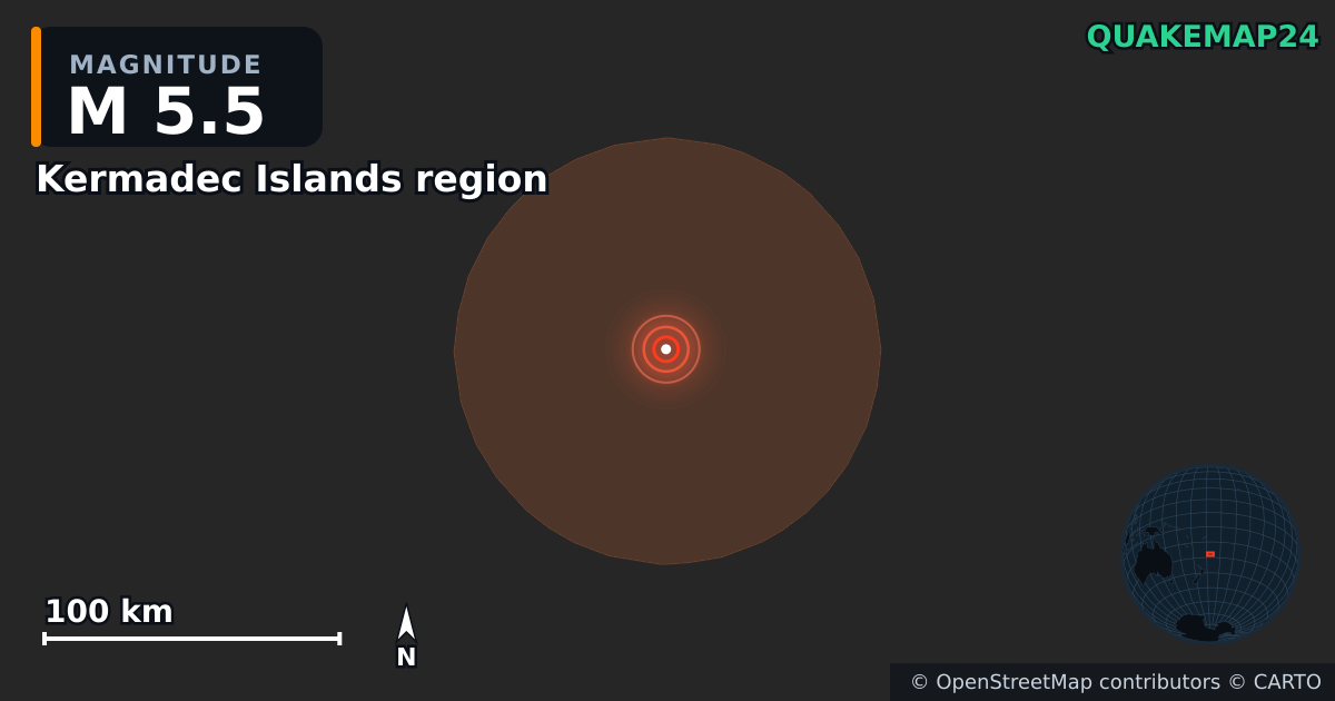 Erdbeben M5,5 bei Kermadec Islands region — Karte der Lage des Epizentrums