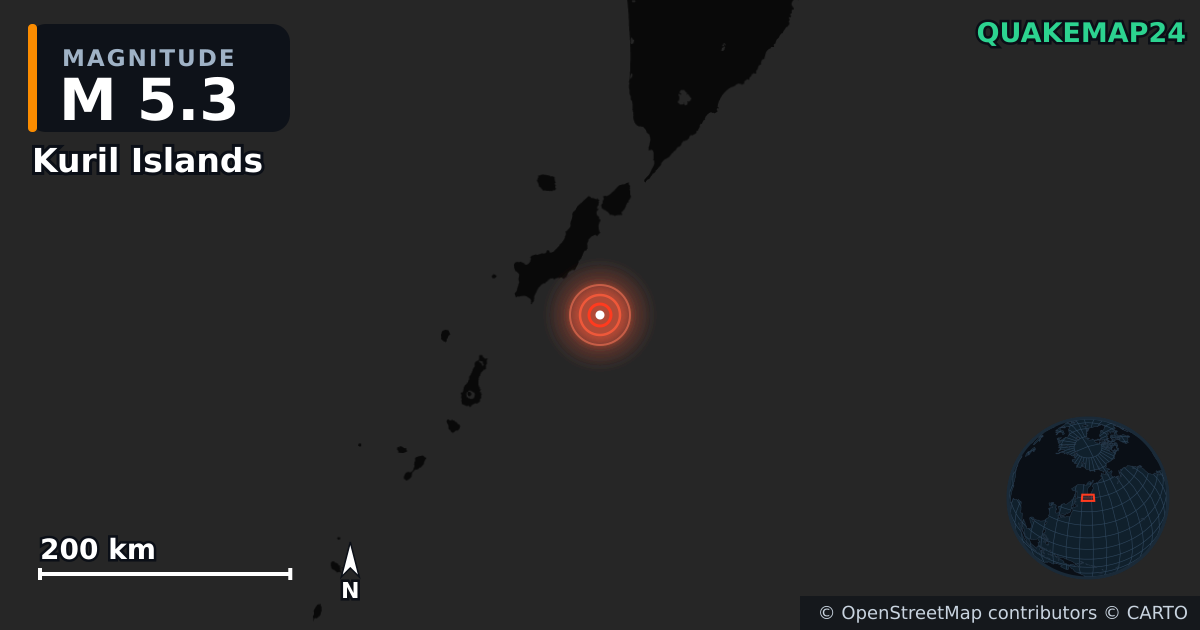 M5.3 earthquake near Kuril Islands on Oct 25, 2025 — map of epicenter and shaking intensity | QuakeMap24