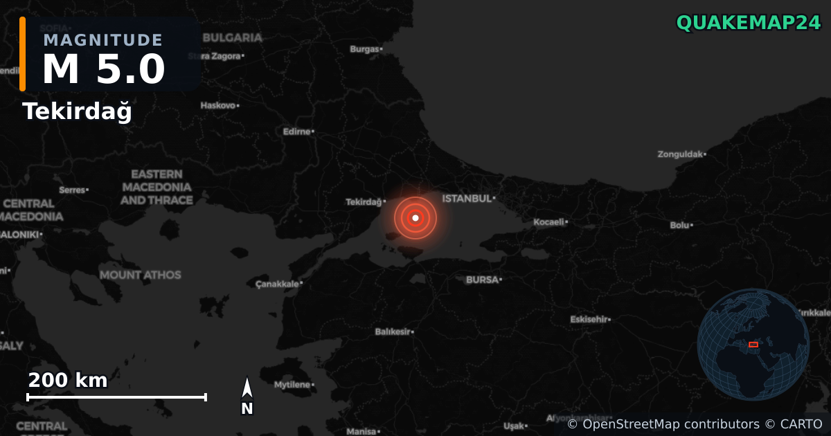 M5.0 earthquake near Tekirdağ on Oct 2, 2025 — map of epicenter and shaking intensity | QuakeMap24