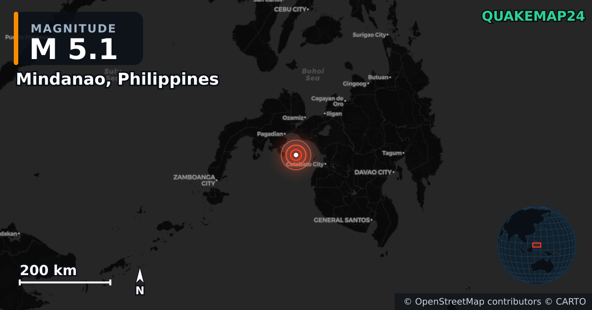 M5.1 earthquake near Mindanao, Philippines on Aug 31, 2025 — map of epicenter and shaking intensity | QuakeMap24