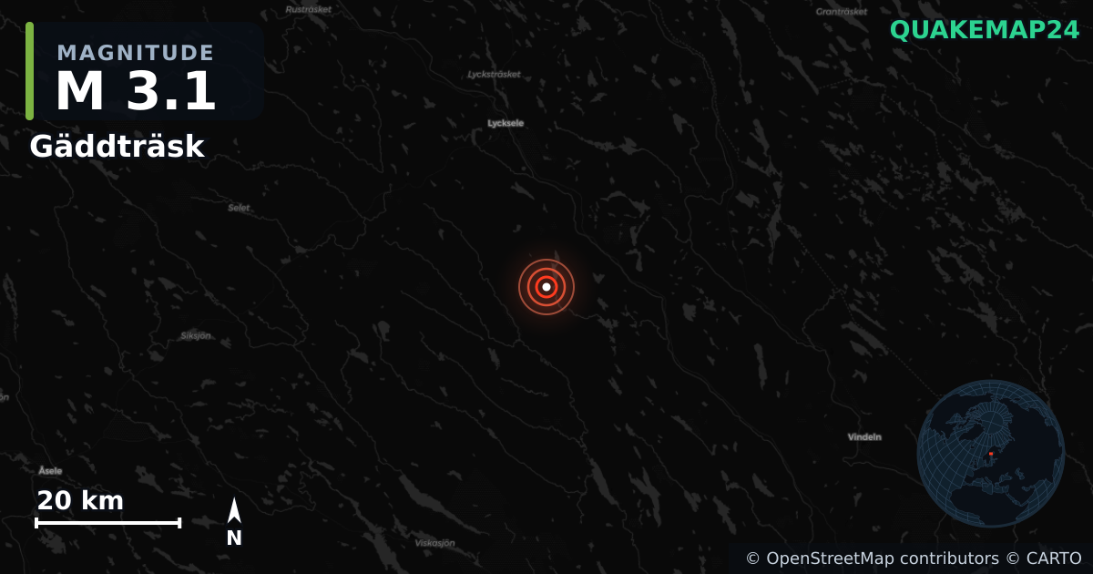 M3.1 earthquake near Gäddträsk on Apr 11, 2026 — map of epicenter and shaking intensity | QuakeMap24