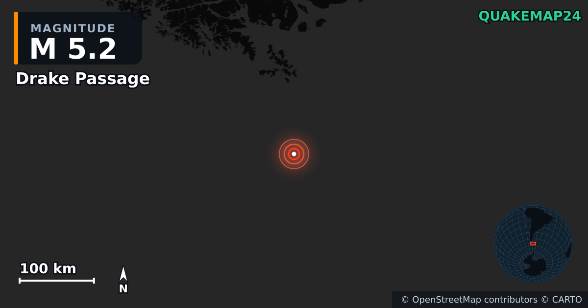 Drake Passage yakınında M5,2 deprem — Deprem merkez üssünün konumunu gösteren harita