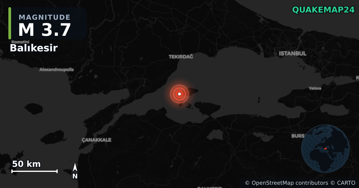 Sismo de M3,7 perto de Balıkesir (Turquia) · 2026-06-16 — Mapa da localização do epicentro