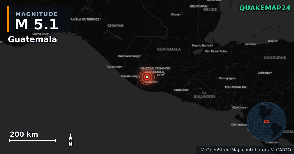 Erdbeben M5,1 bei Guatemala — Karte der Lage des Epizentrums