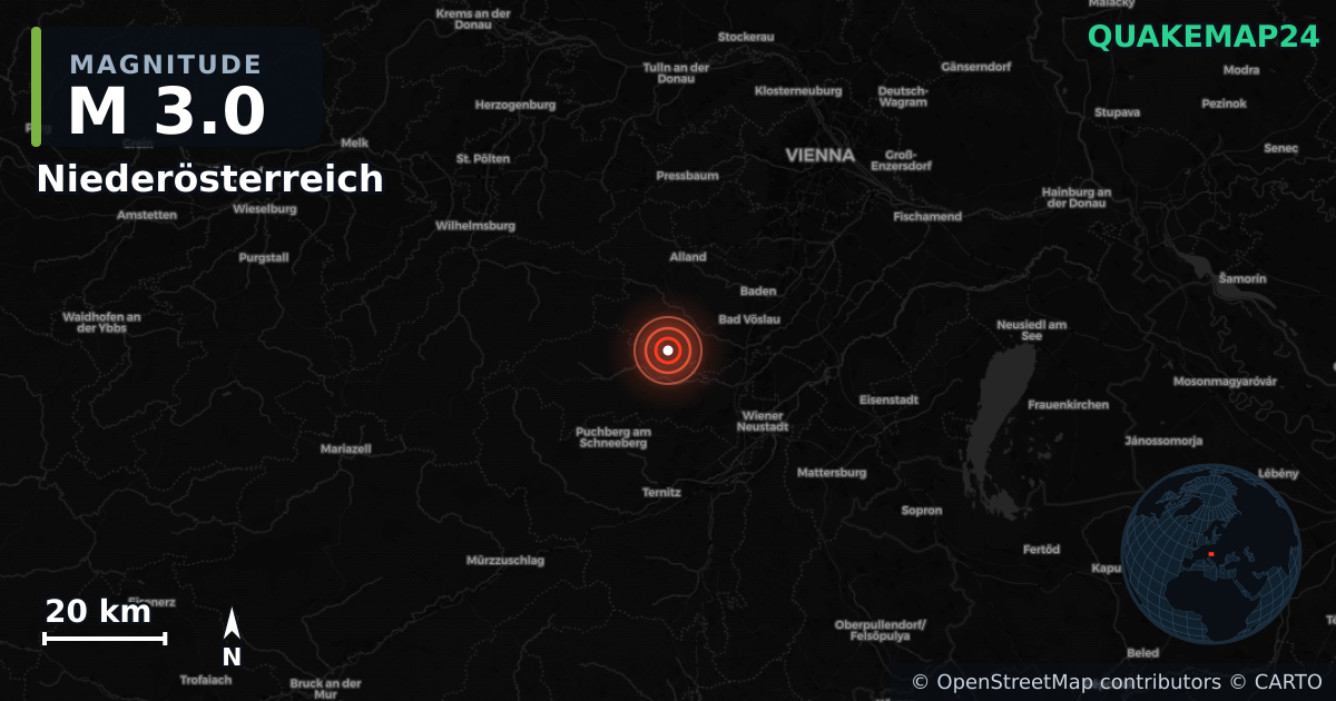 M3.0 earthquake near Niederösterreich on Jul 13, 2025 — map of epicenter and shaking intensity | QuakeMap24