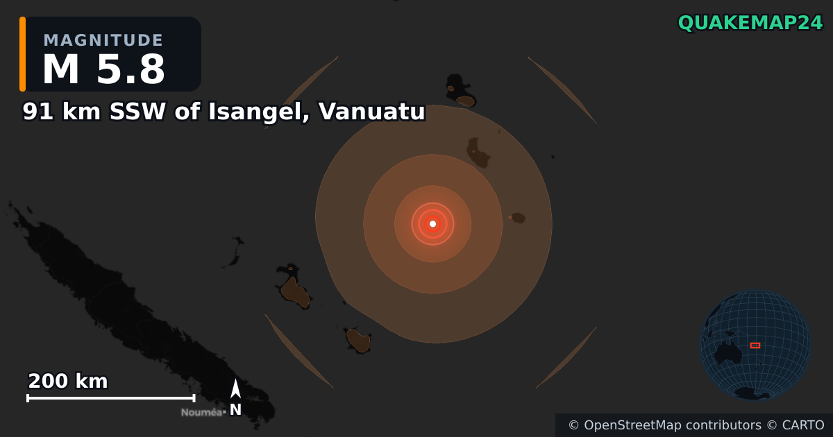 M5.8 earthquake near 91 km SSW of Isangel, Vanuatu on Jul 8, 2026 — map of epicenter and shaking intensity | QuakeMap24