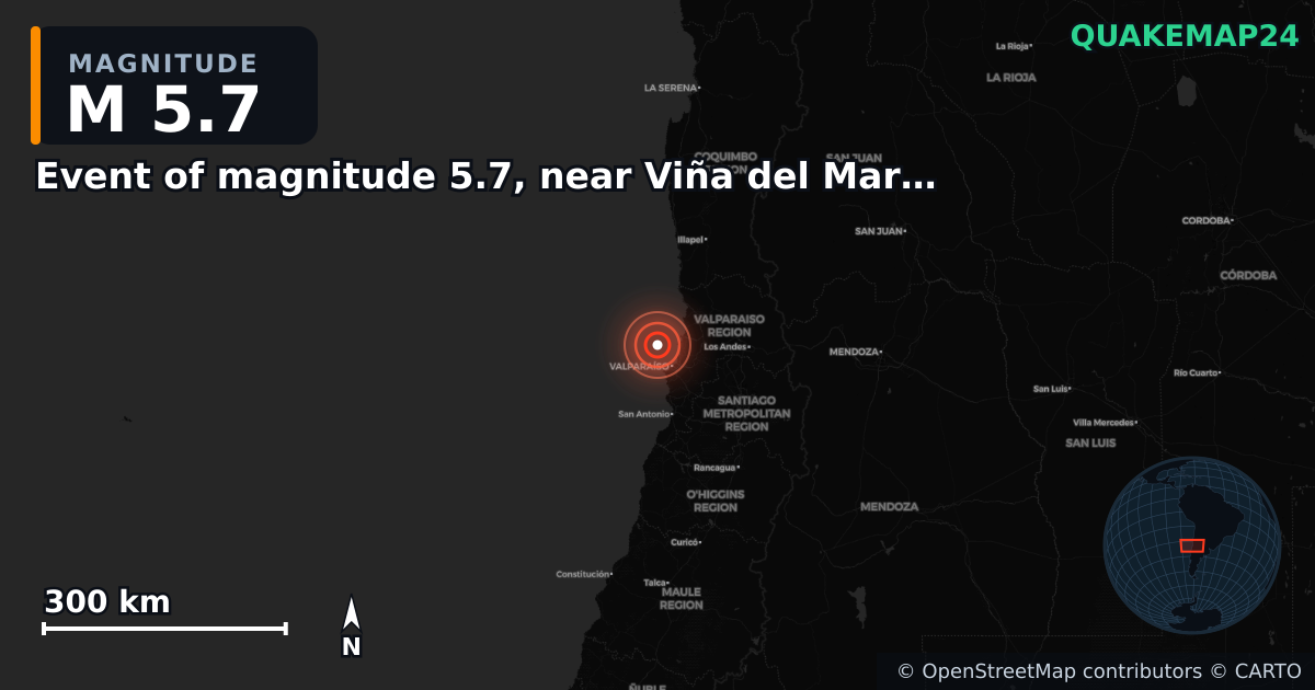 M5.7 earthquake near Event of magnitude 5.7, near Viña del Mar (Monde) on May 31, 2026 — map of epicenter and shaking intensity | QuakeMap24