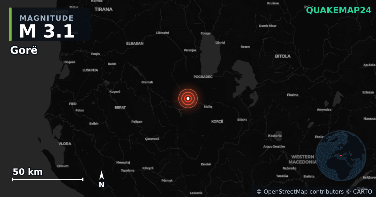M3.1 earthquake near Gorë on Jan 7, 2026 — map of epicenter and shaking intensity | QuakeMap24