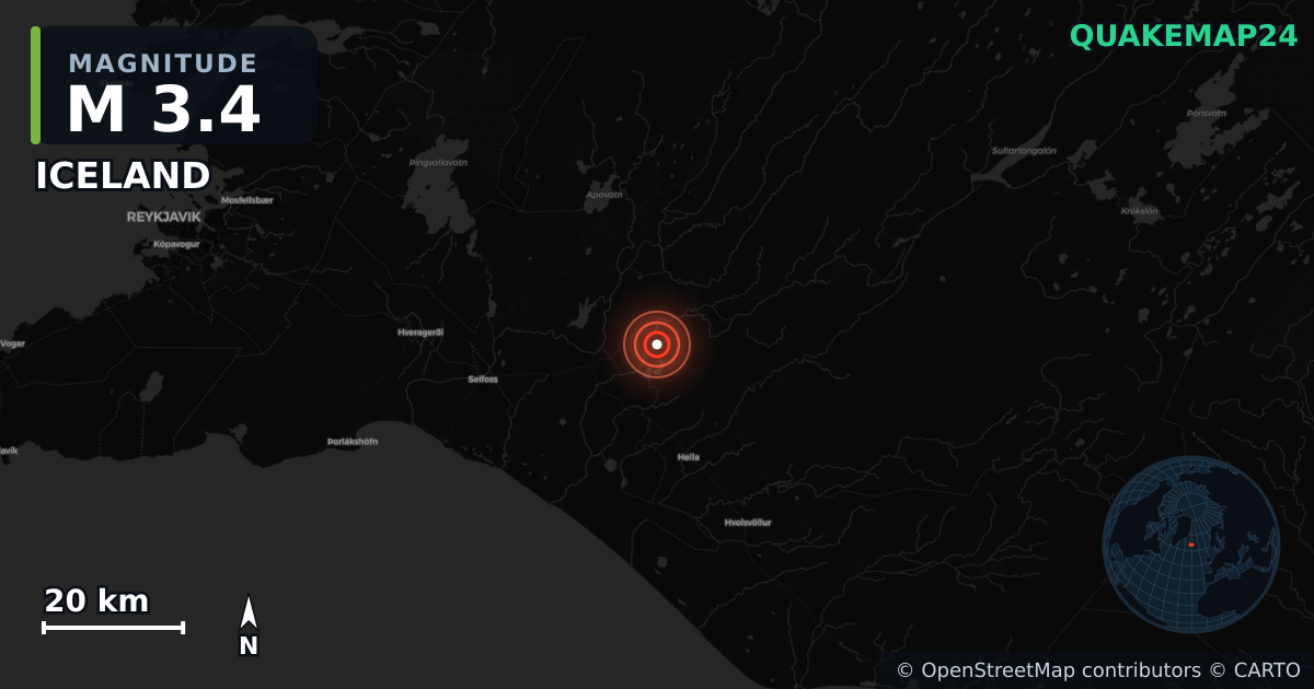 M3.4 earthquake near ICELAND on Sep 11, 2025 — map of epicenter and shaking intensity | QuakeMap24