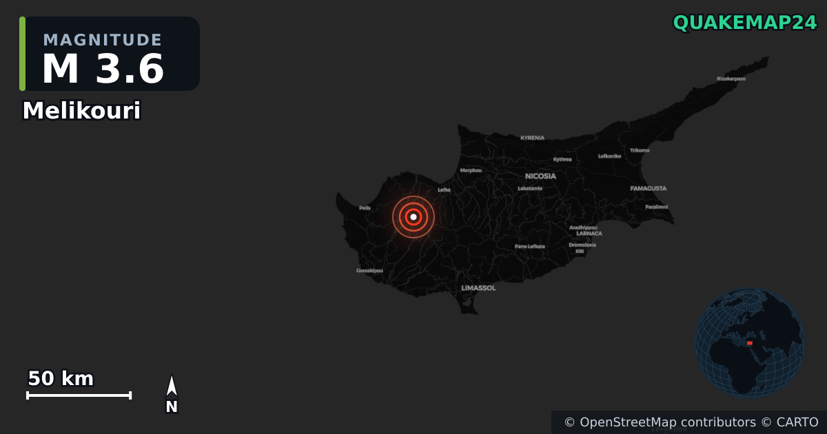M3.6 earthquake near Melikouri on Dec 23, 2025 — map of epicenter and shaking intensity | QuakeMap24