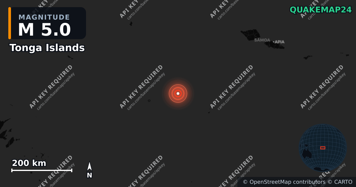 M5.0 earthquake near Tonga Islands on May 16, 2026 — map of epicenter and shaking intensity | QuakeMap24