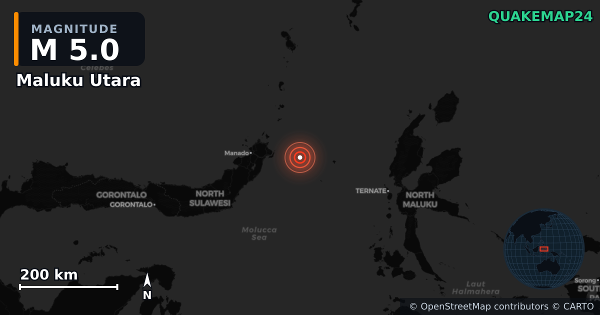 M5.0 earthquake near Maluku Utara on Dec 18, 2025 — map of epicenter and shaking intensity | QuakeMap24