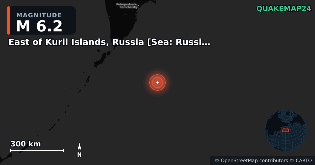 M6.2 earthquake near East of Kuril Islands, Russia [Sea: Russia] on Aug 25, 2025 — map of epicenter and shaking intensity | QuakeMap24