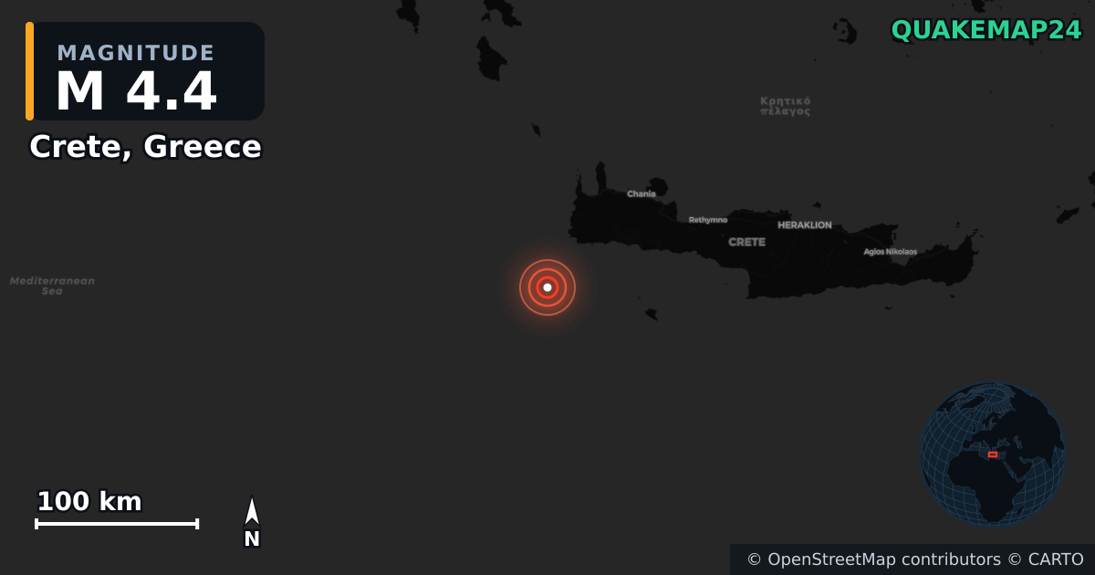 Sismo de M4,4 perto de Crete, Greece · 2026-10-09 — Mapa da localização do epicentro