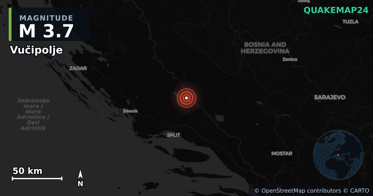 M3.7 earthquake near Vučipolje on May 25, 2026 — map of epicenter and shaking intensity | QuakeMap24