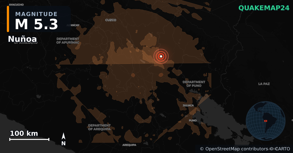 M5.3 earthquake near Nuñoa on Jul 14, 2026 — map of epicenter and shaking intensity | QuakeMap24