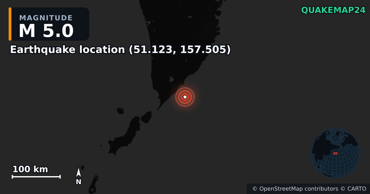 M5.0 earthquake near Τοποθεσία σεισμού (51.123, 157.505) on Feb 26, 2026 — map of epicenter and shaking intensity | QuakeMap24