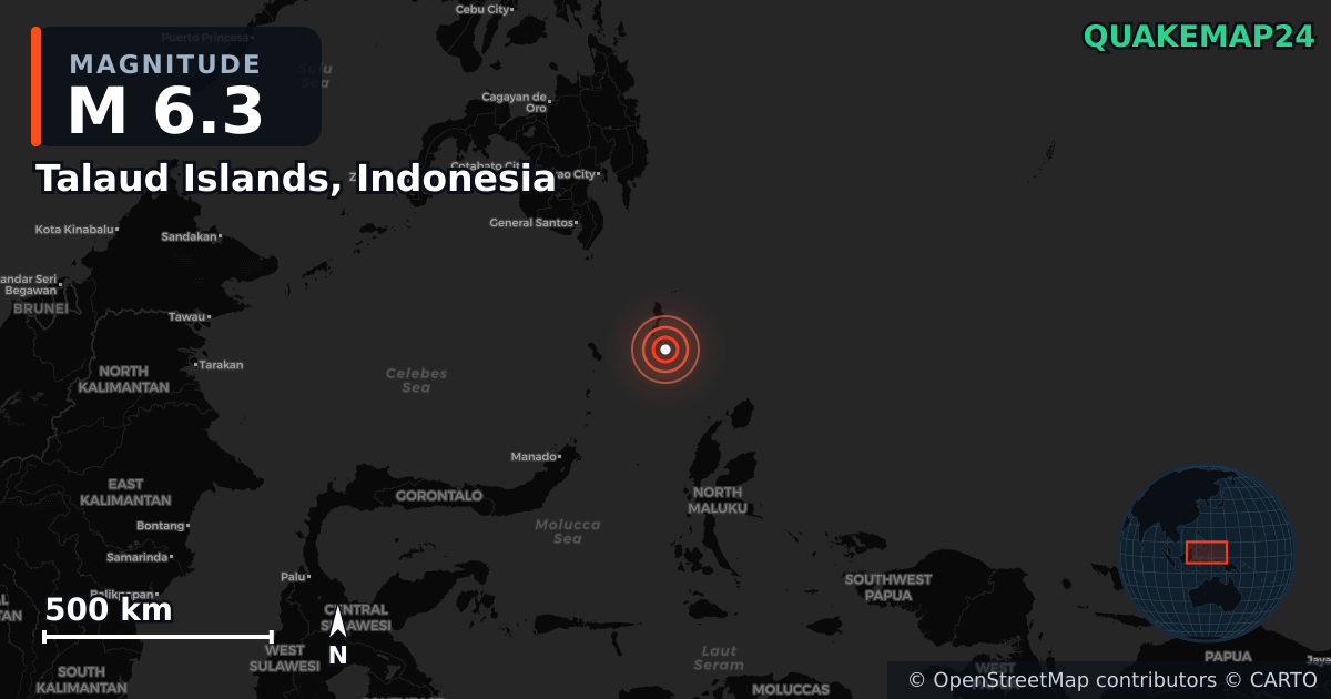 M6.3 earthquake near Talaud Islands, Indonesia on Jan 10, 2026 — map of epicenter and shaking intensity | QuakeMap24