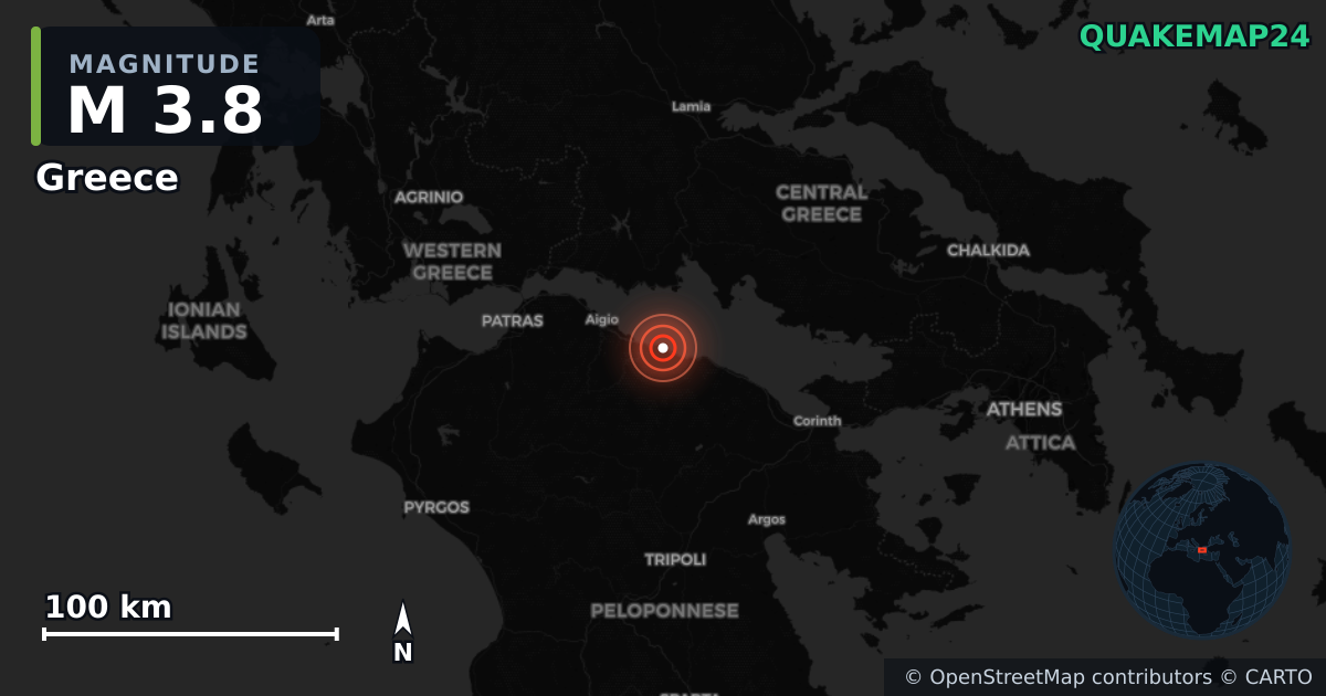 M3.8 earthquake near Greece on Apr 5, 2026 — map of epicenter and shaking intensity | QuakeMap24