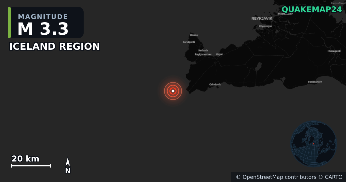 M3.3 earthquake near ICELAND REGION on Aug 31, 2025 — map of epicenter and shaking intensity | QuakeMap24