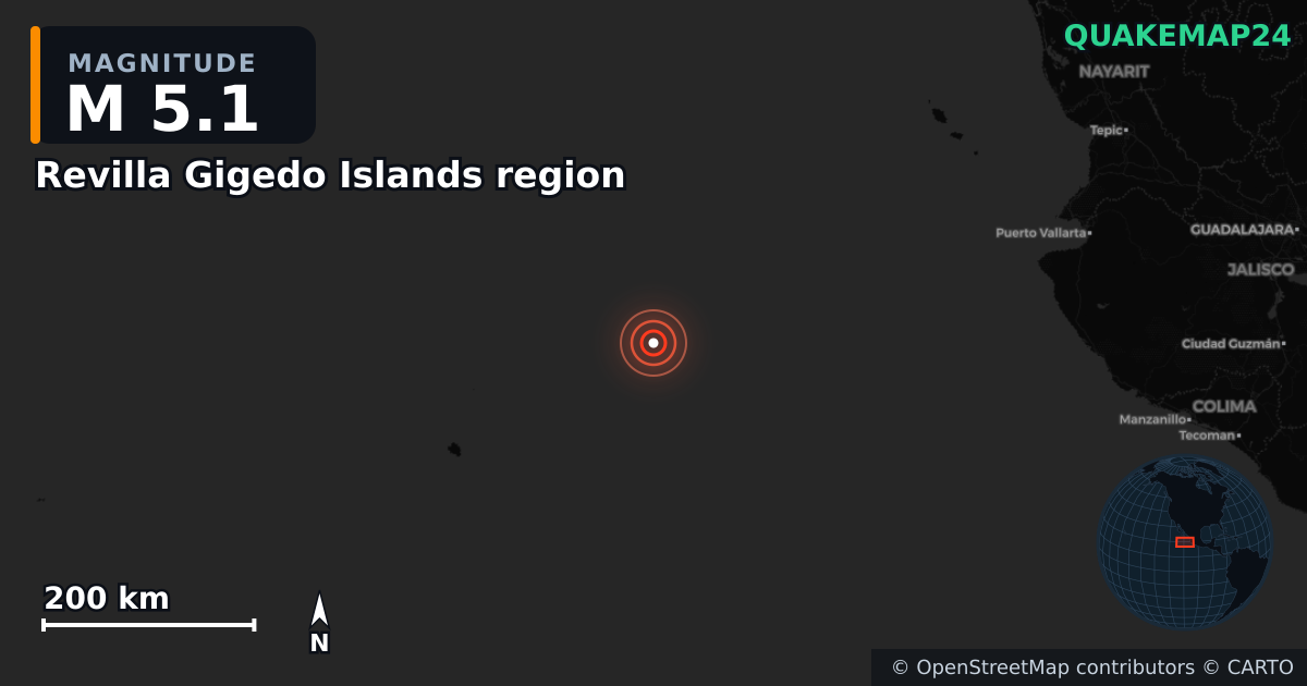 Sismo de M5,1 perto de Revilla Gigedo Islands region · 2025-03-17 — Mapa da localização do epicentro