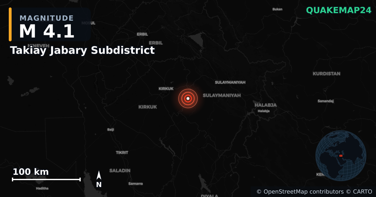M4.1 earthquake near Takiay Jabary Subdistrict on Aug 1, 2026 — map of epicenter and shaking intensity | QuakeMap24