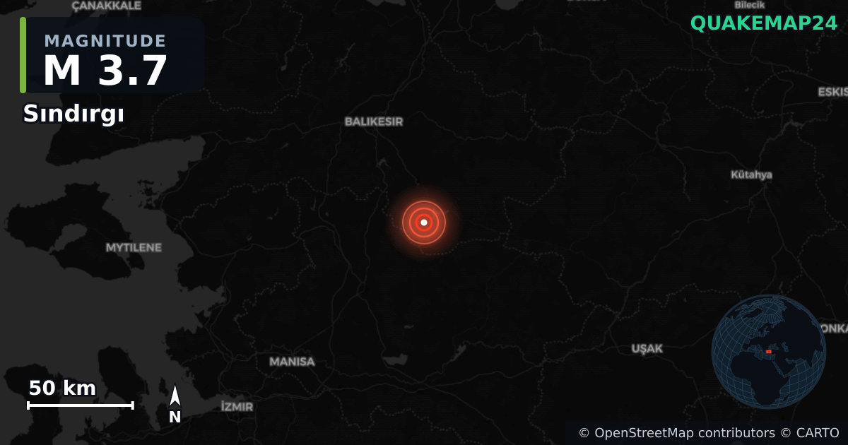 M3.7 earthquake near Sındırgı on Oct 28, 2025 — map of epicenter and shaking intensity | QuakeMap24